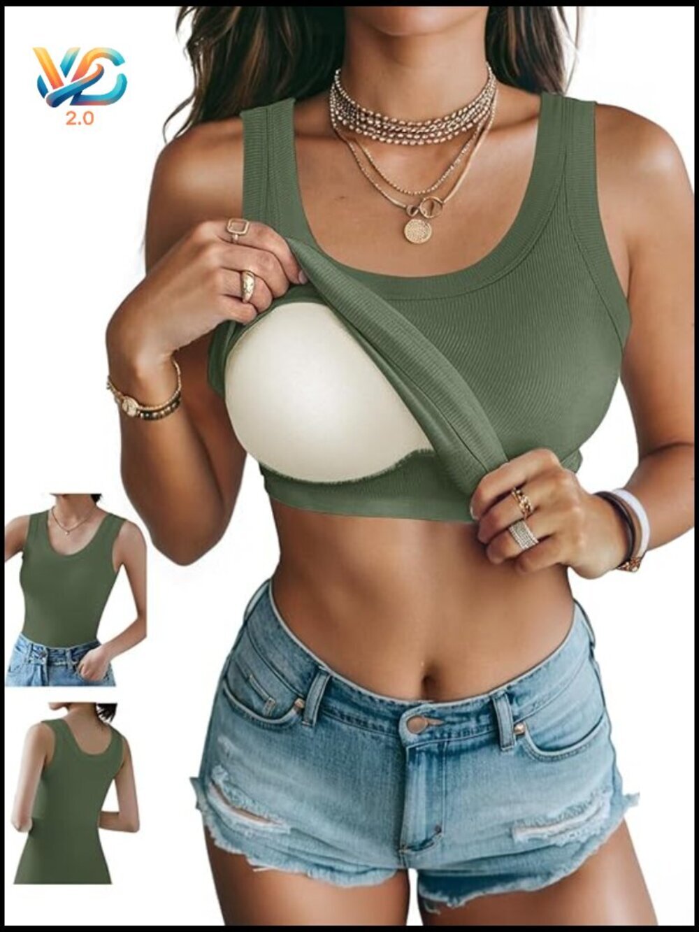 Ribbed Tank Top with Built-in Bra Scoop Neck Camisole Lightweight Stretchy